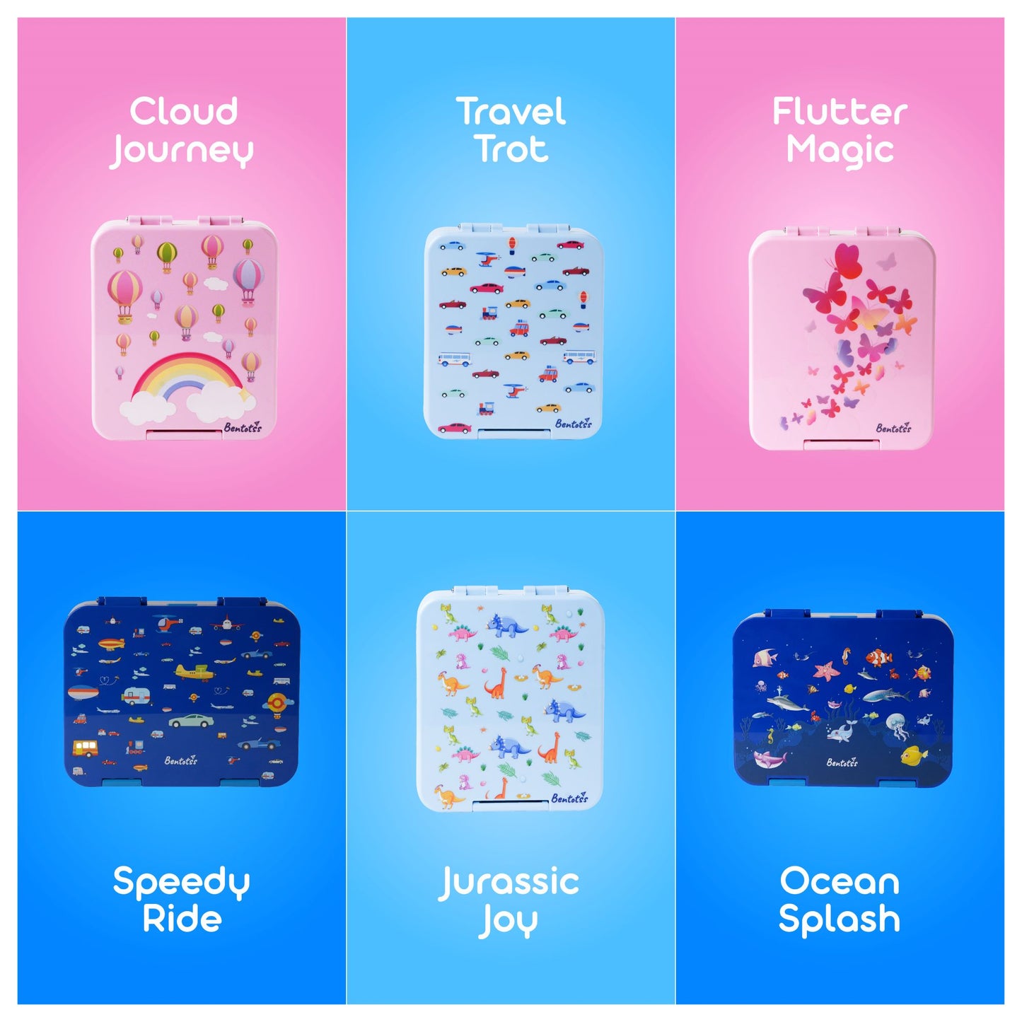 Bentotss Bento Box collection – Cloud Journey, Travel Trot, Flutter Fly, Speedy Streak, and Ocean Splash color options
