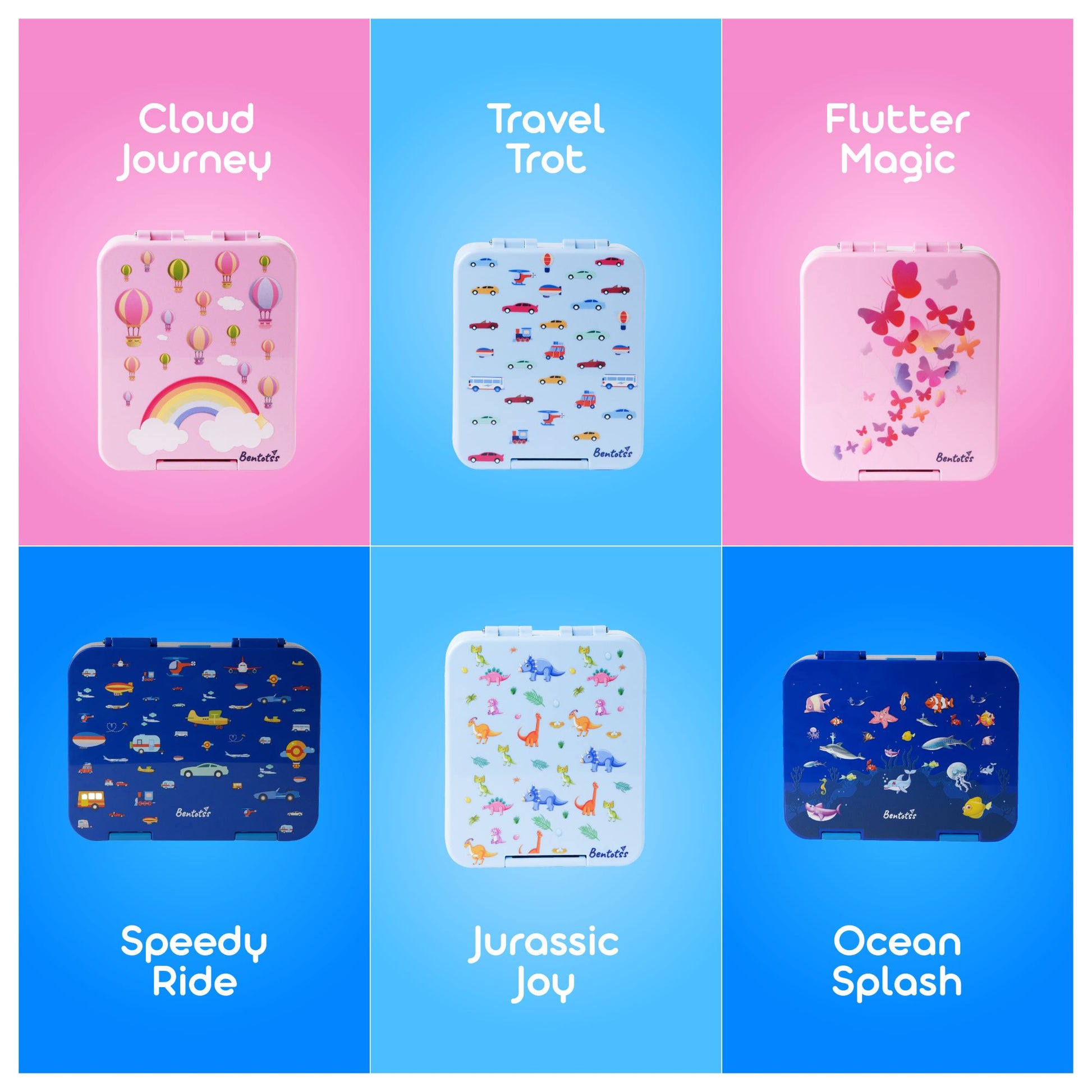 Bentotss Bento Box collection – Cloud Journey, Travel Trot, Flutter Fly, Speedy Streak, and Ocean Splash color options