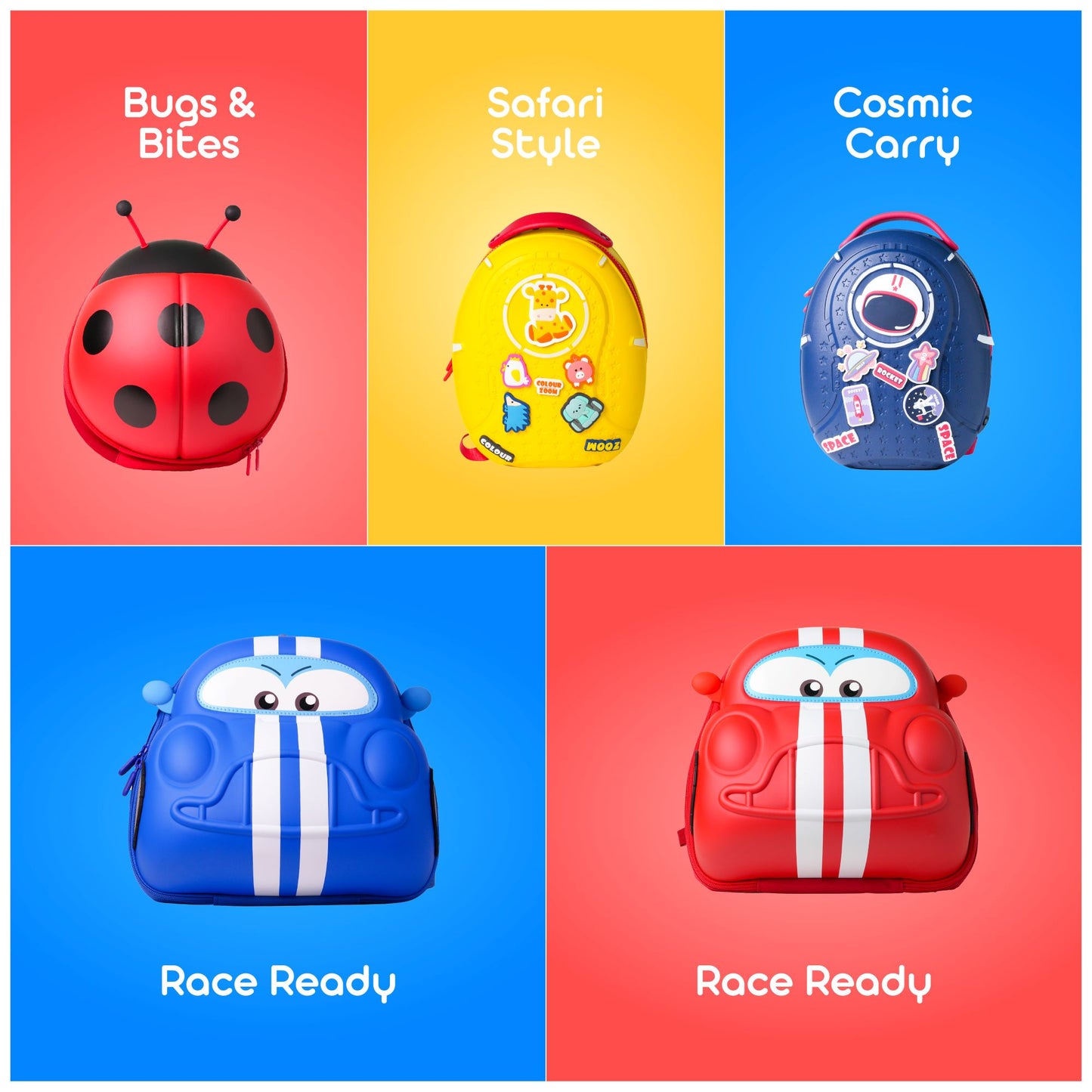 Bentotss bento bag collection in four designs Bug & Beetle, Safari Yellow, Cosmic Grey, and Race Ready Blue