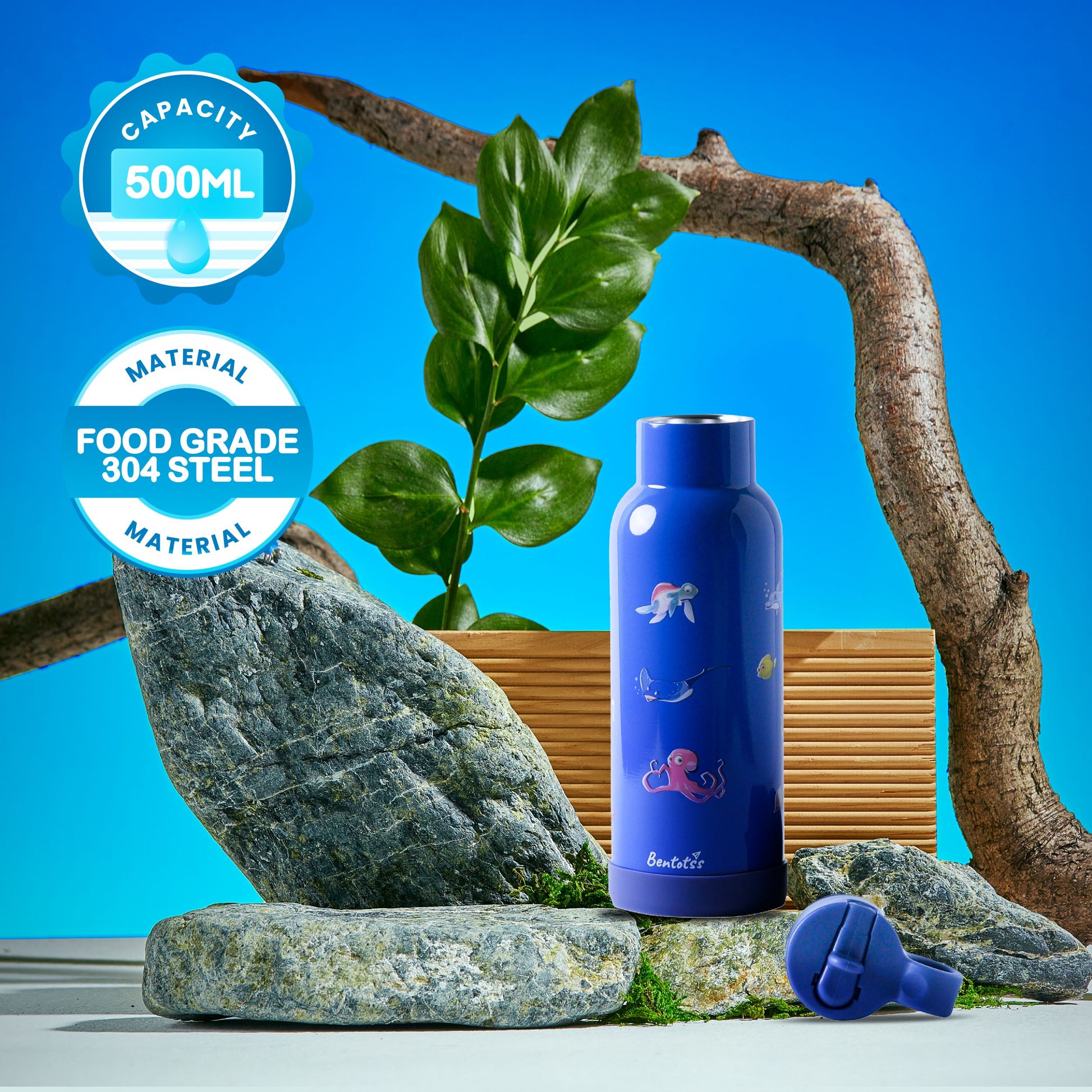 Bentotss Blue Sipper bottle displayed on a rough surface with a "Food-Grade Safe" badge and natural element