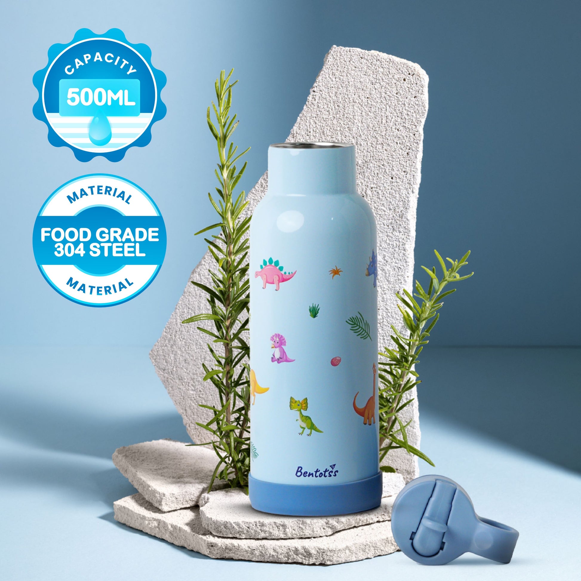 Close up of Jurassic Joy dinosaur print insulated sipper bottle by Bentotss with eco-friendly design