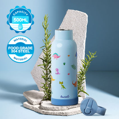 Close up of Jurassic Joy dinosaur print insulated sipper bottle by Bentotss with eco-friendly design