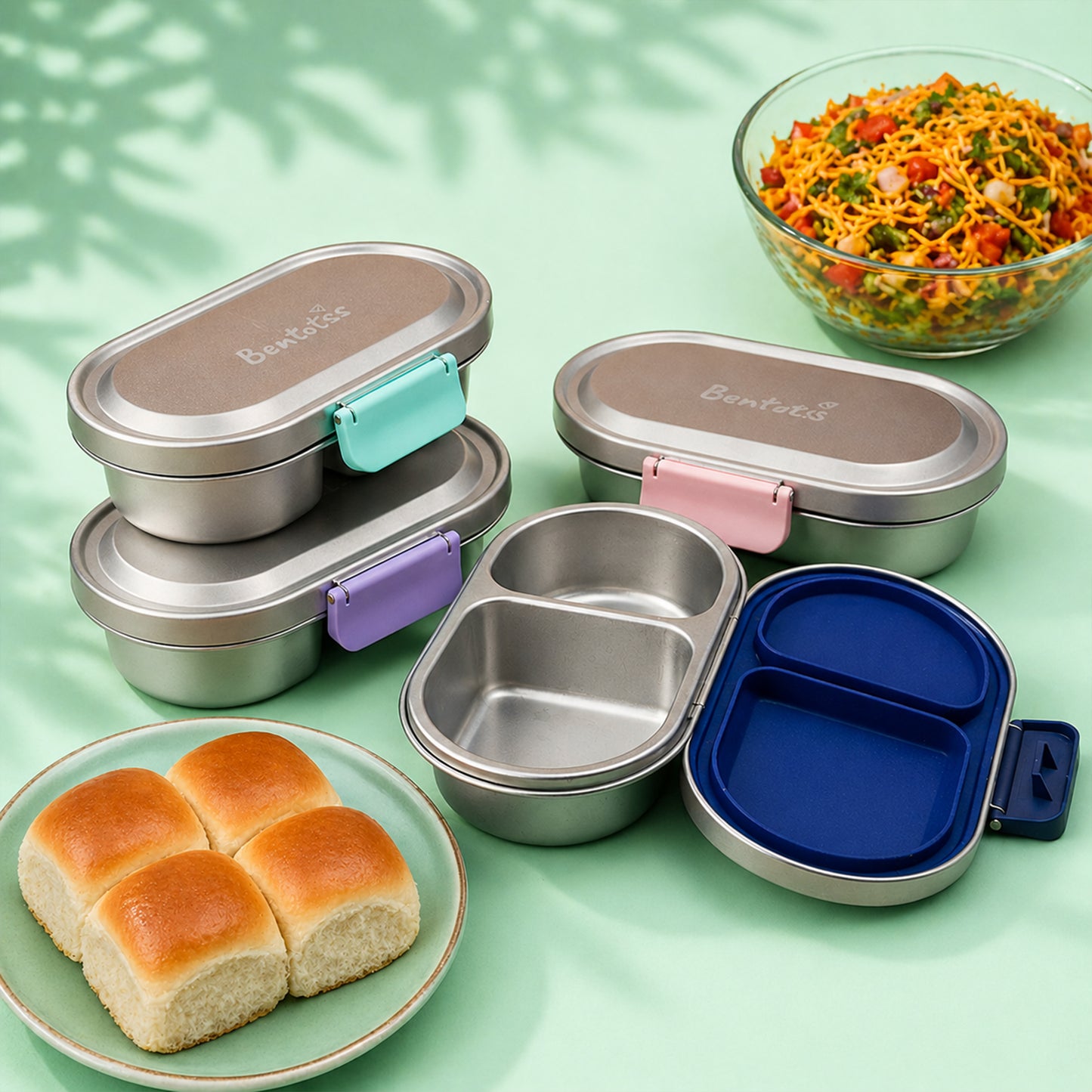 304 Stainless Steel Leakproof Ultramarine green Bento Lunch Box with 2 Compartments