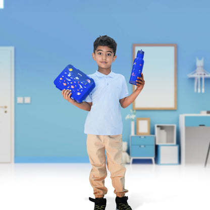 Boy holding Colorful Bento lunch box and matching sipper bottle