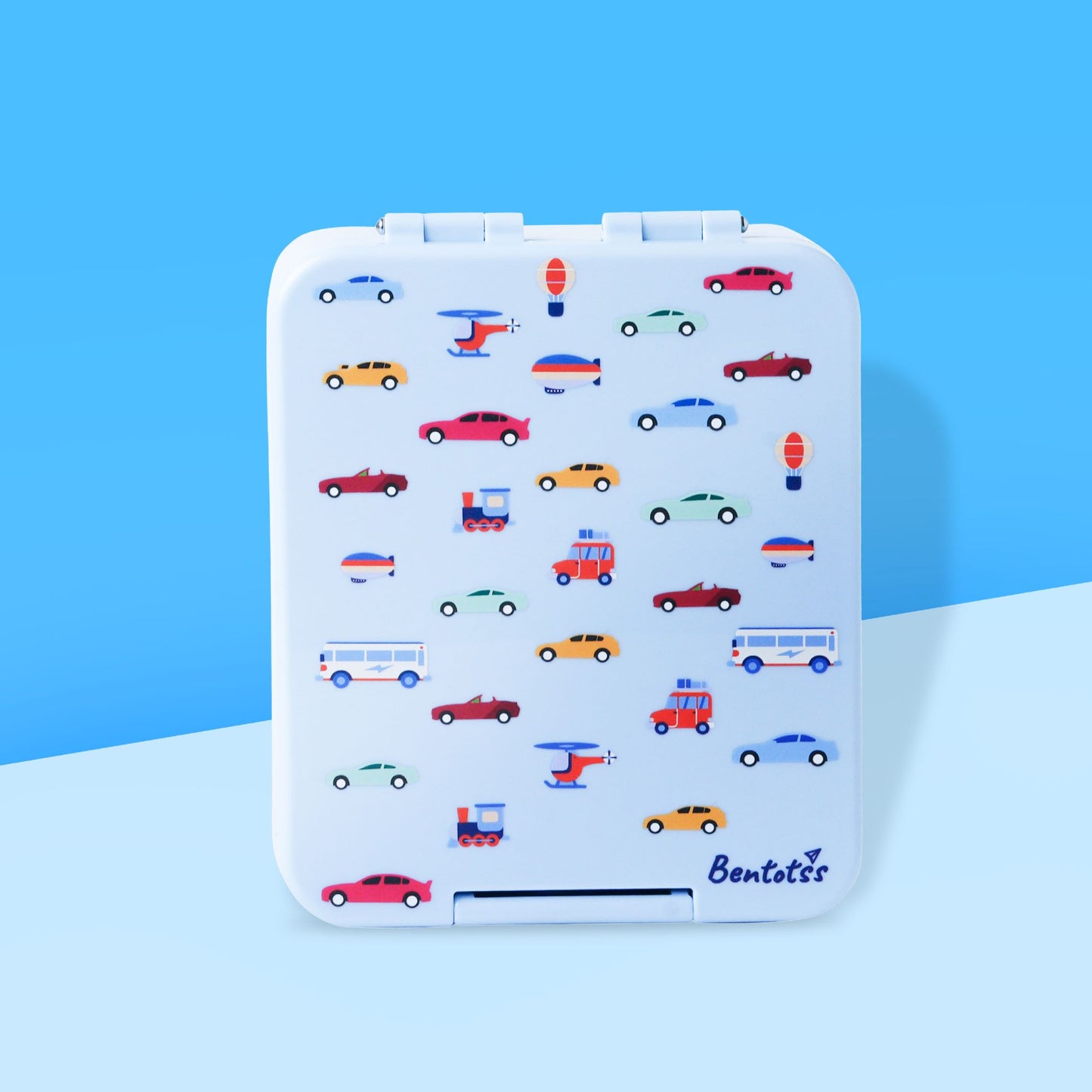 Travel Trot Light Blue Bento Box with colorful vehicle print for kids
