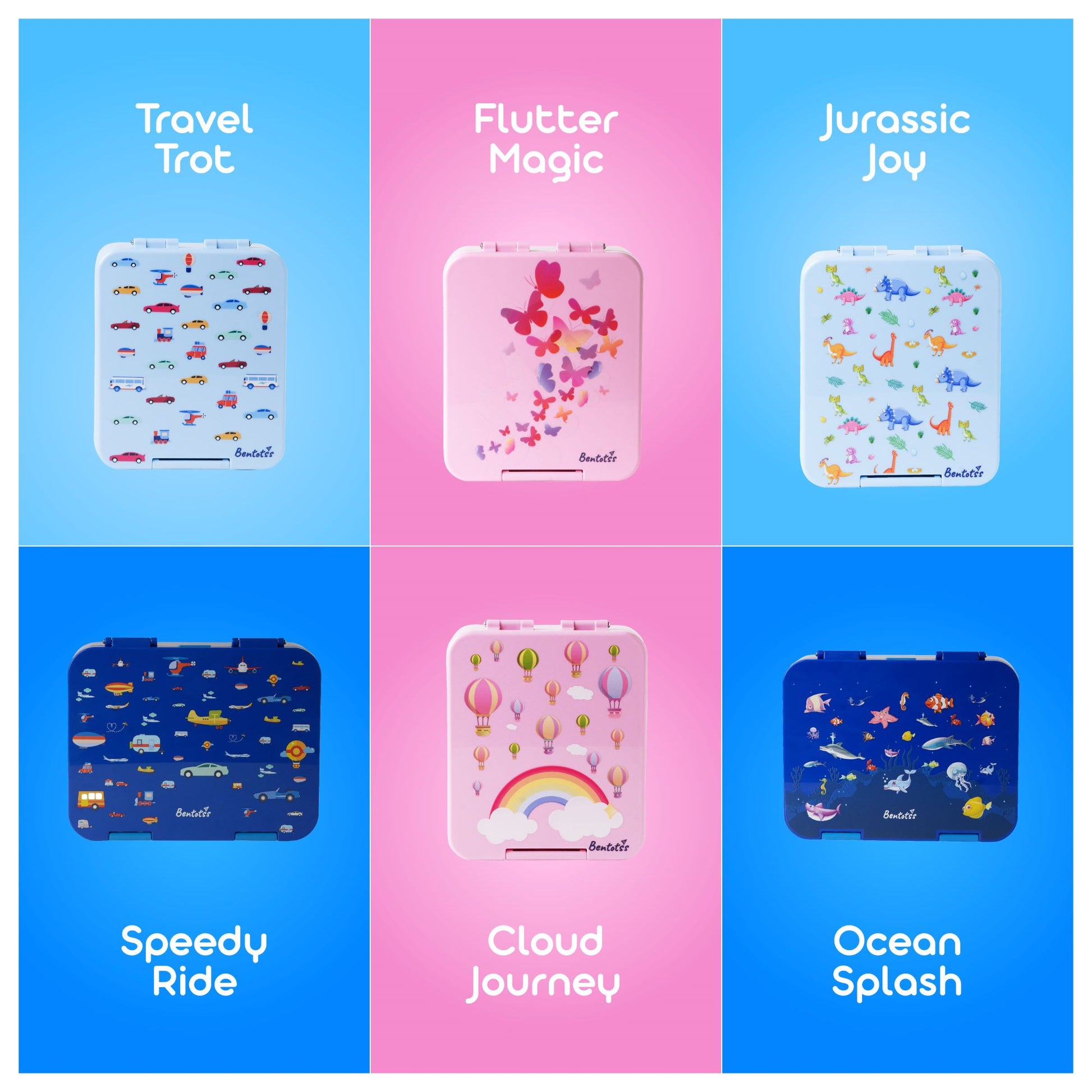 Travel Trot Bento Box color options Speedy Streak, Ocean Splash, Flutter Fly, and Jumpin Joy