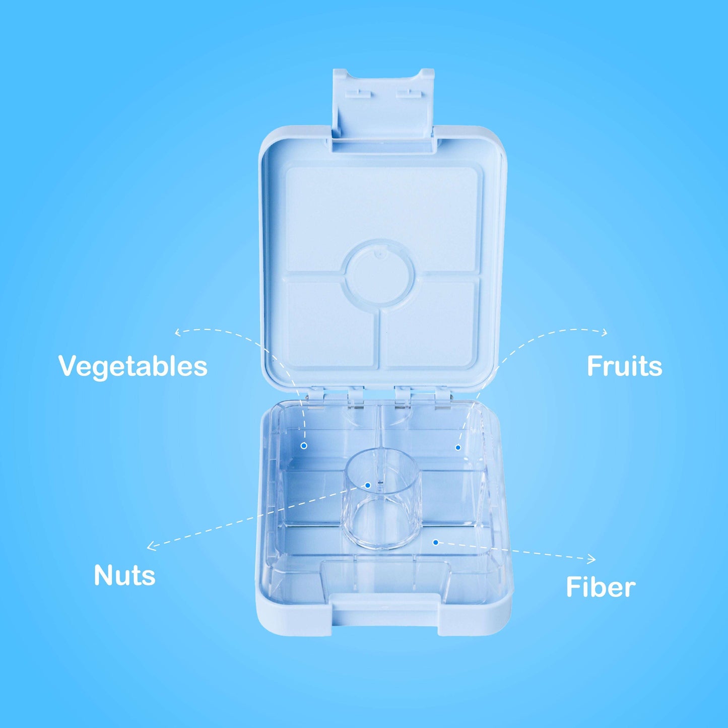 Bentotss lunch box showing the 4-compartment inner tray labeled for Vegetables, Nuts, Fruits, and Filler, promoting balanced meals.