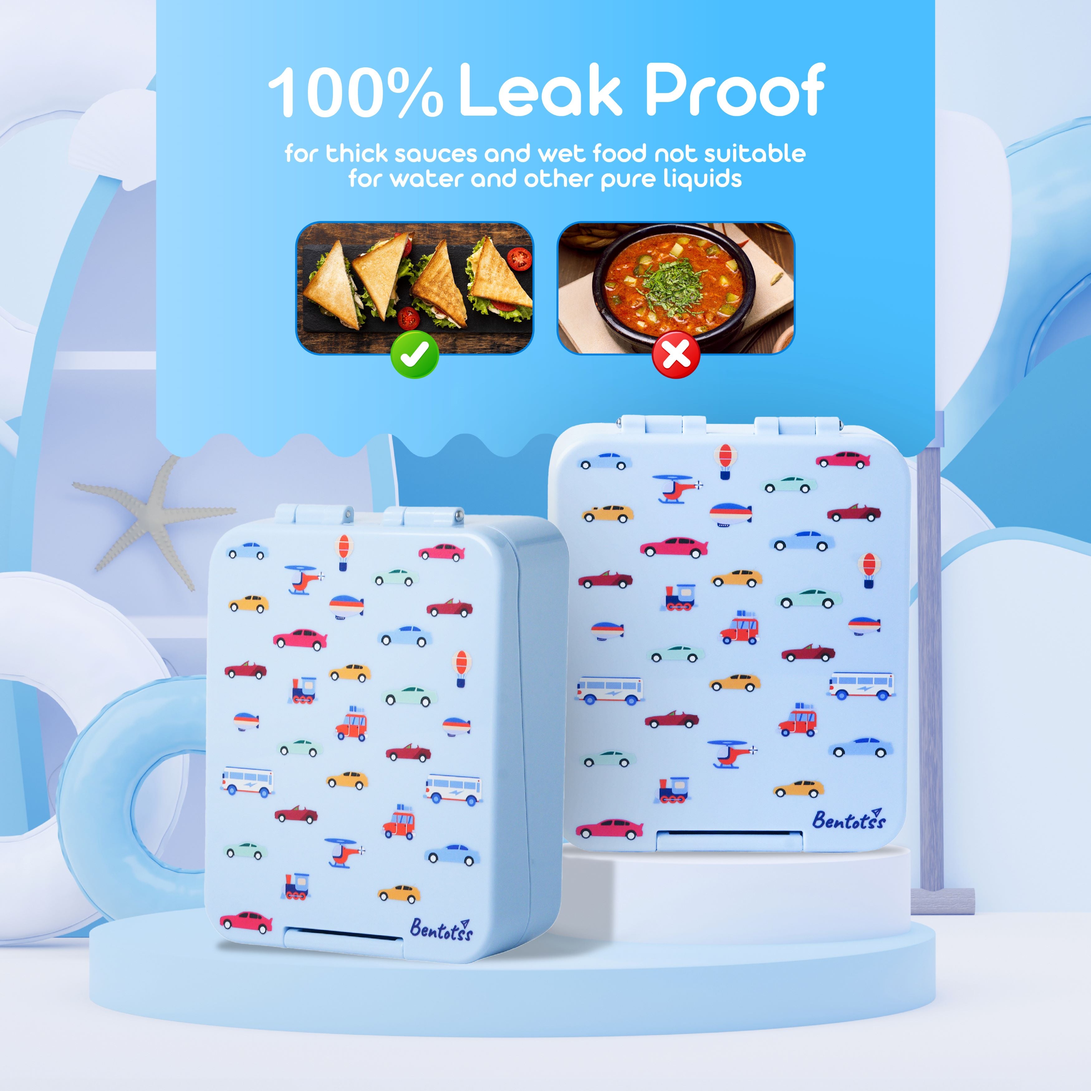 Bento lunch box displayed with a banner highlighting its 100% Leak Proof guarantee, shown with food items.