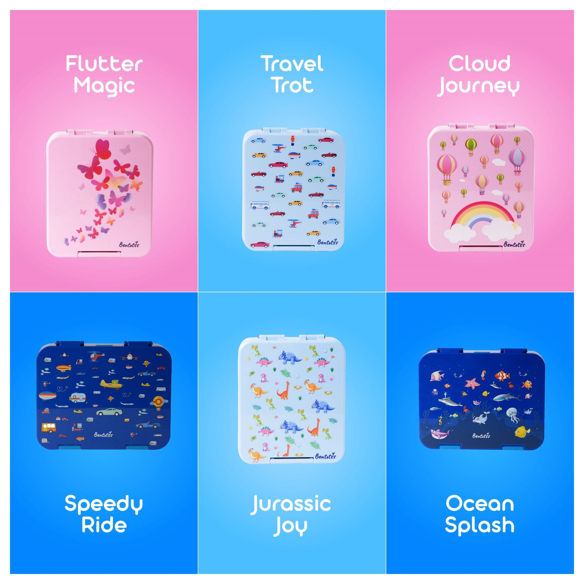 Display of various Bentotss Bento box designs, including "Flutter Magic," "Travel Trot," "Cloud Journey," "Speedy Ride," "Jurassic Joy," and "Ocean Splash."