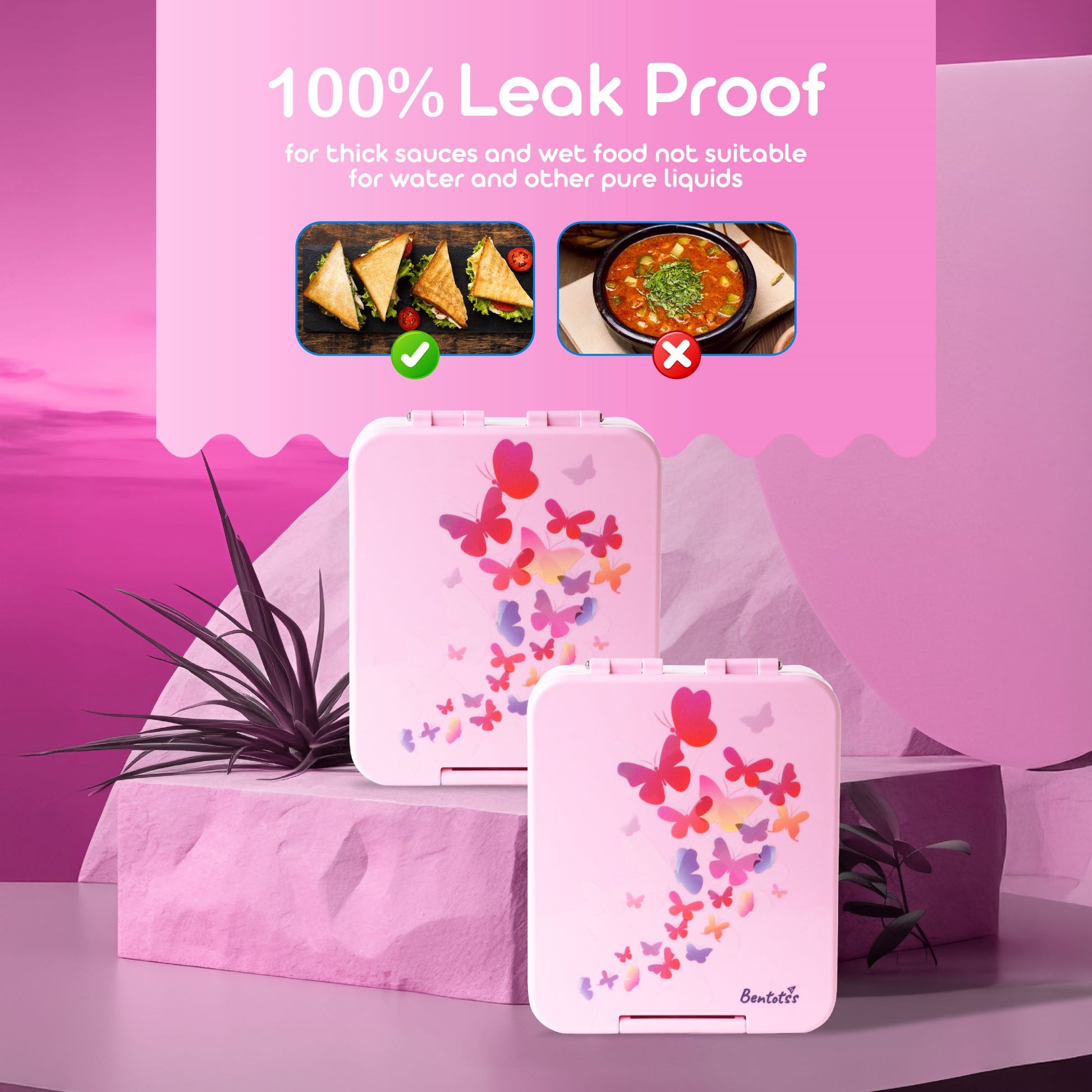 Bentotss Butterfly Magic Pink Bento Box displayed with a banner highlighting its 100% Leak Proof guarantee