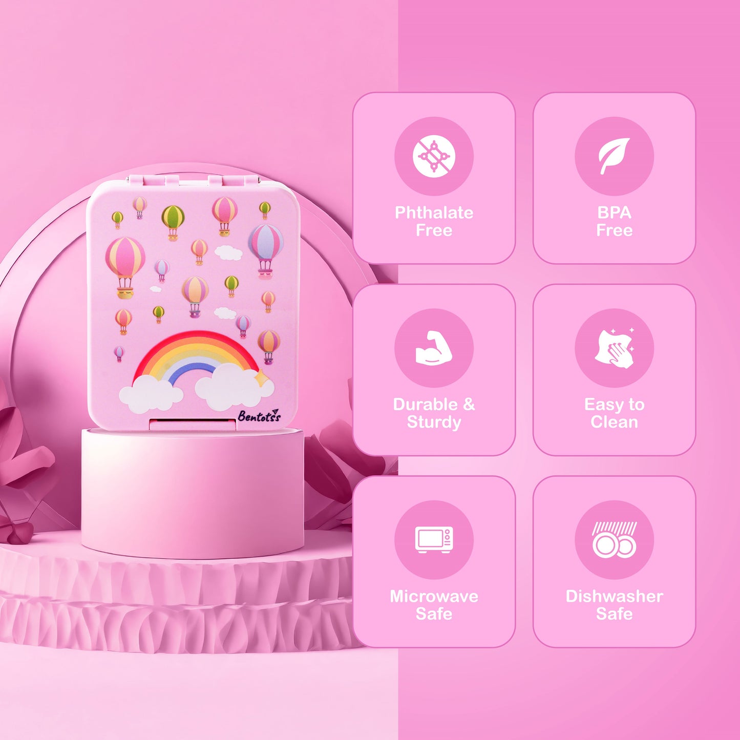 Bentotss lunch box with icons illustrating its compact size, airtight seal, and multiple compartments.