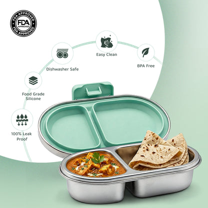 304 Stainless Steel Leakproof Ultramarine green Bento Lunch Box with 2 Compartments