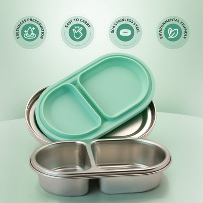 304 Stainless Steel Leakproof Ultramarine green Bento Lunch Box with 2 Compartments