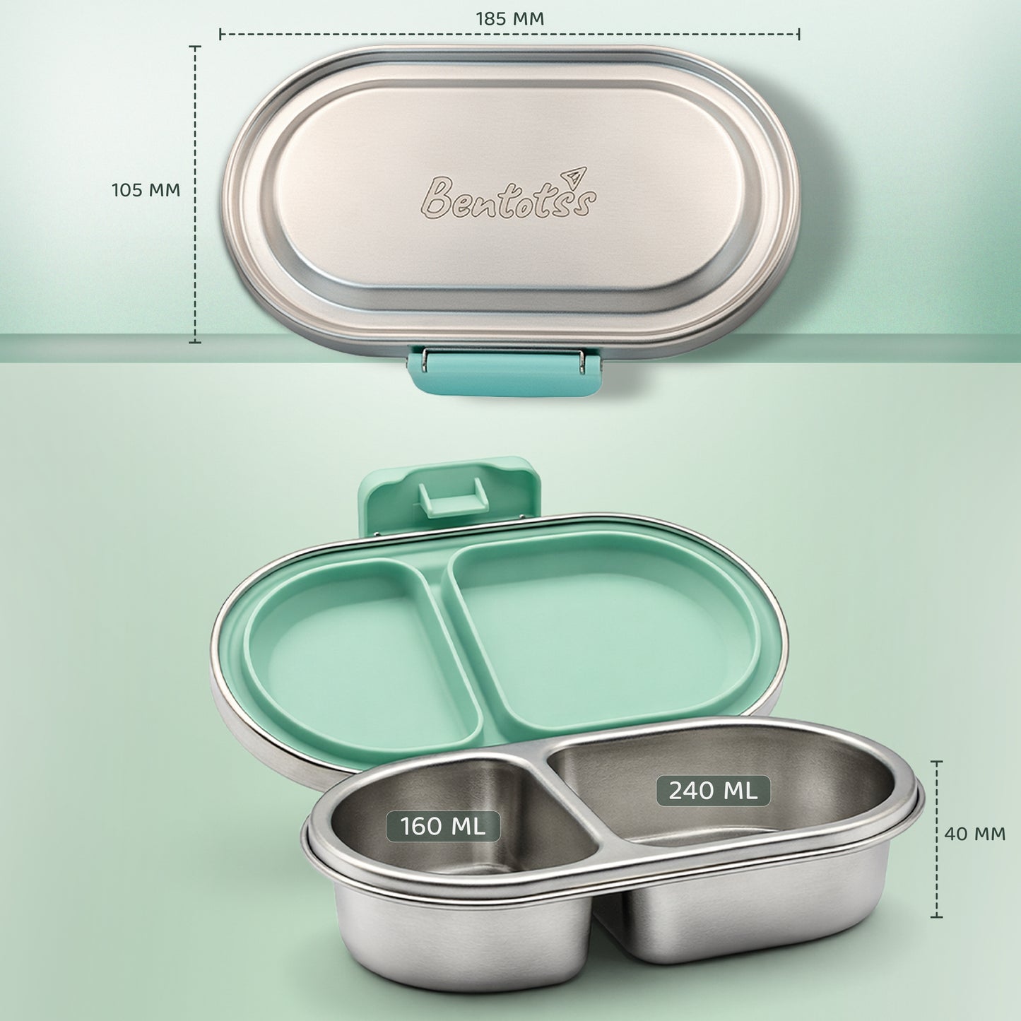 304 Stainless Steel Leakproof Ultramarine green Bento Lunch Box with 2 Compartments
