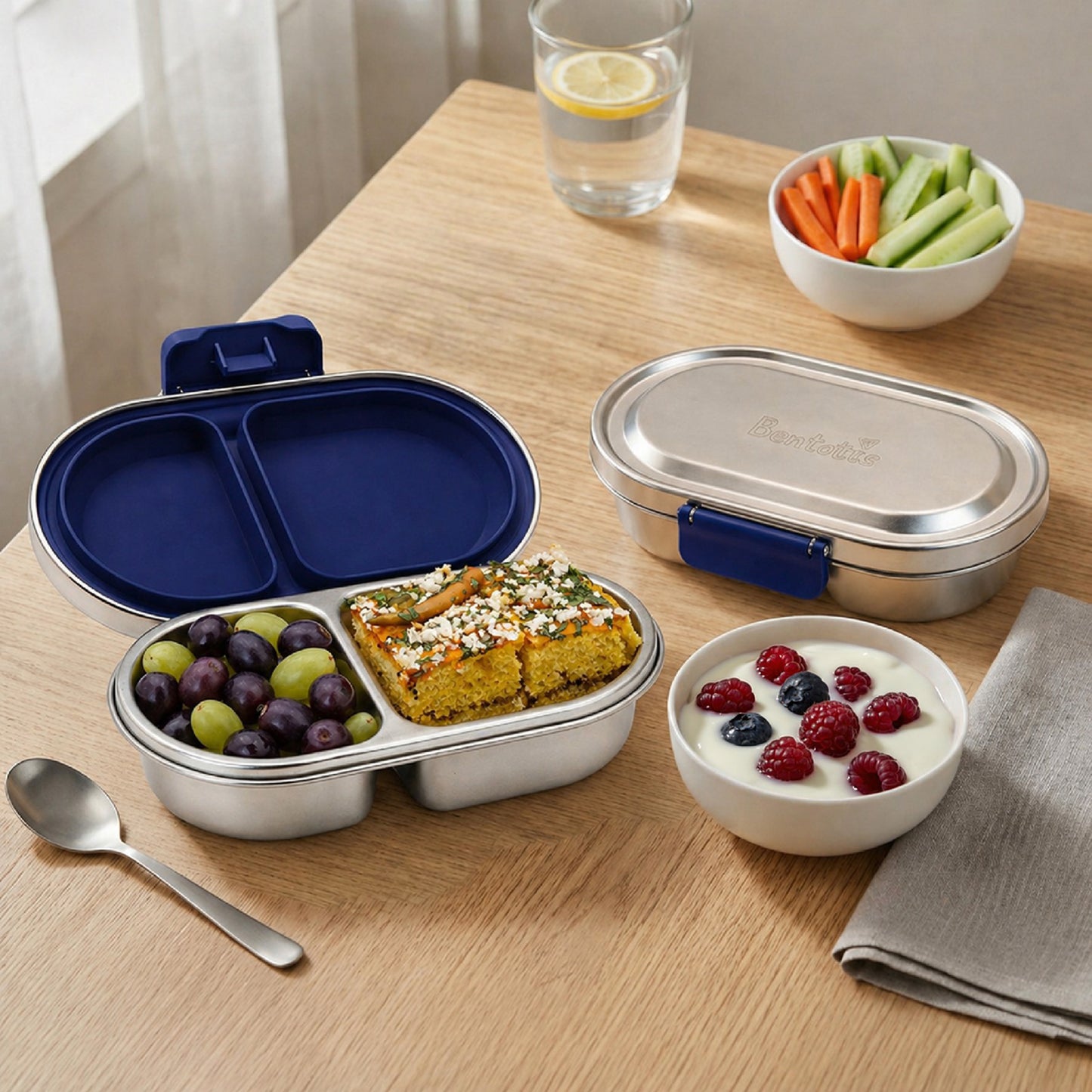 304 Stainless Steel Leakproof Navy blue Bento Lunch Box with 2 Compartments