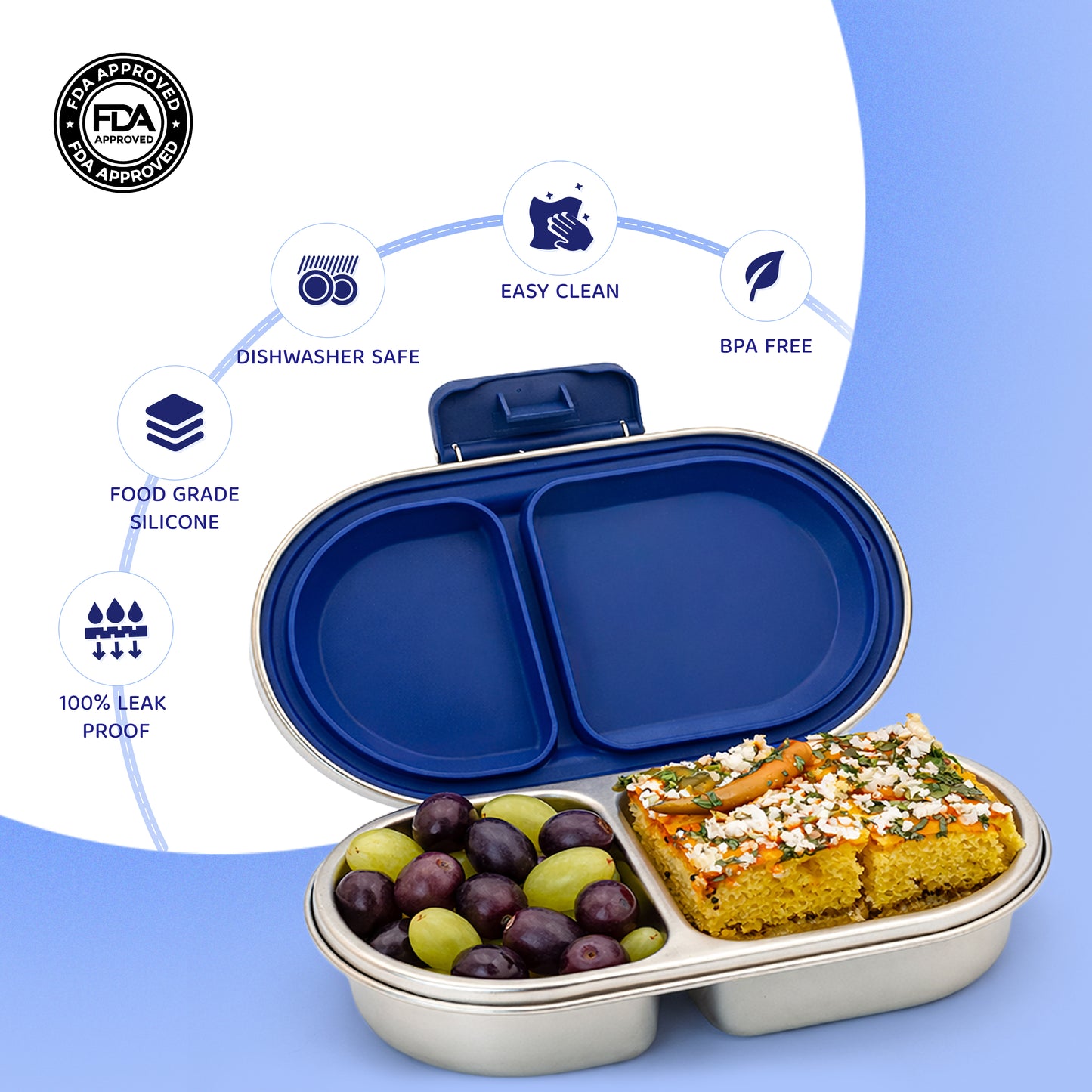 304 Stainless Steel Leakproof Navy blue Bento Lunch Box with 2 Compartments