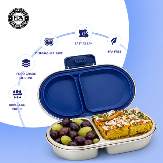 304 Stainless Steel Leakproof Navy blue Bento Lunch Box with 2 Compartments - Bentotss