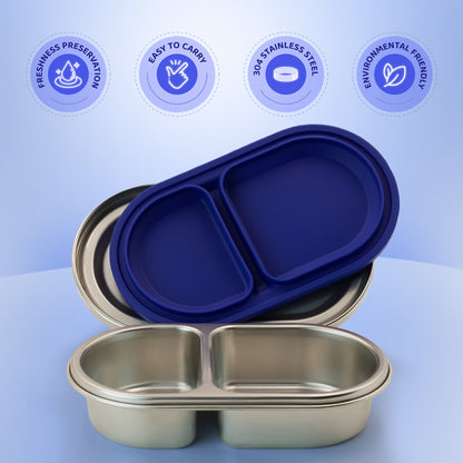 304 Stainless Steel Leakproof Navy blue Bento Lunch Box with 2 Compartments