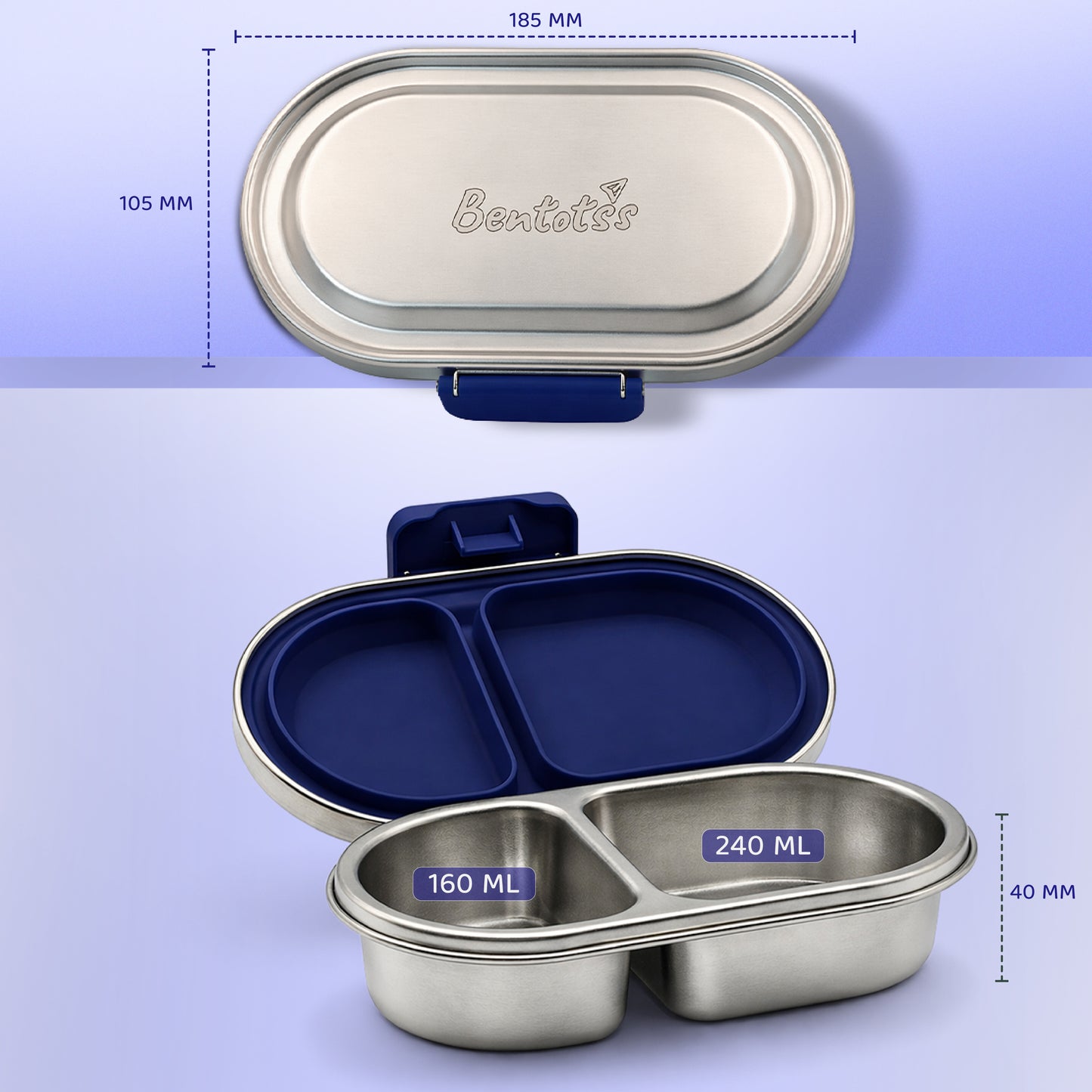 304 Stainless Steel Leakproof Navy blue Bento Lunch Box with 2 Compartments