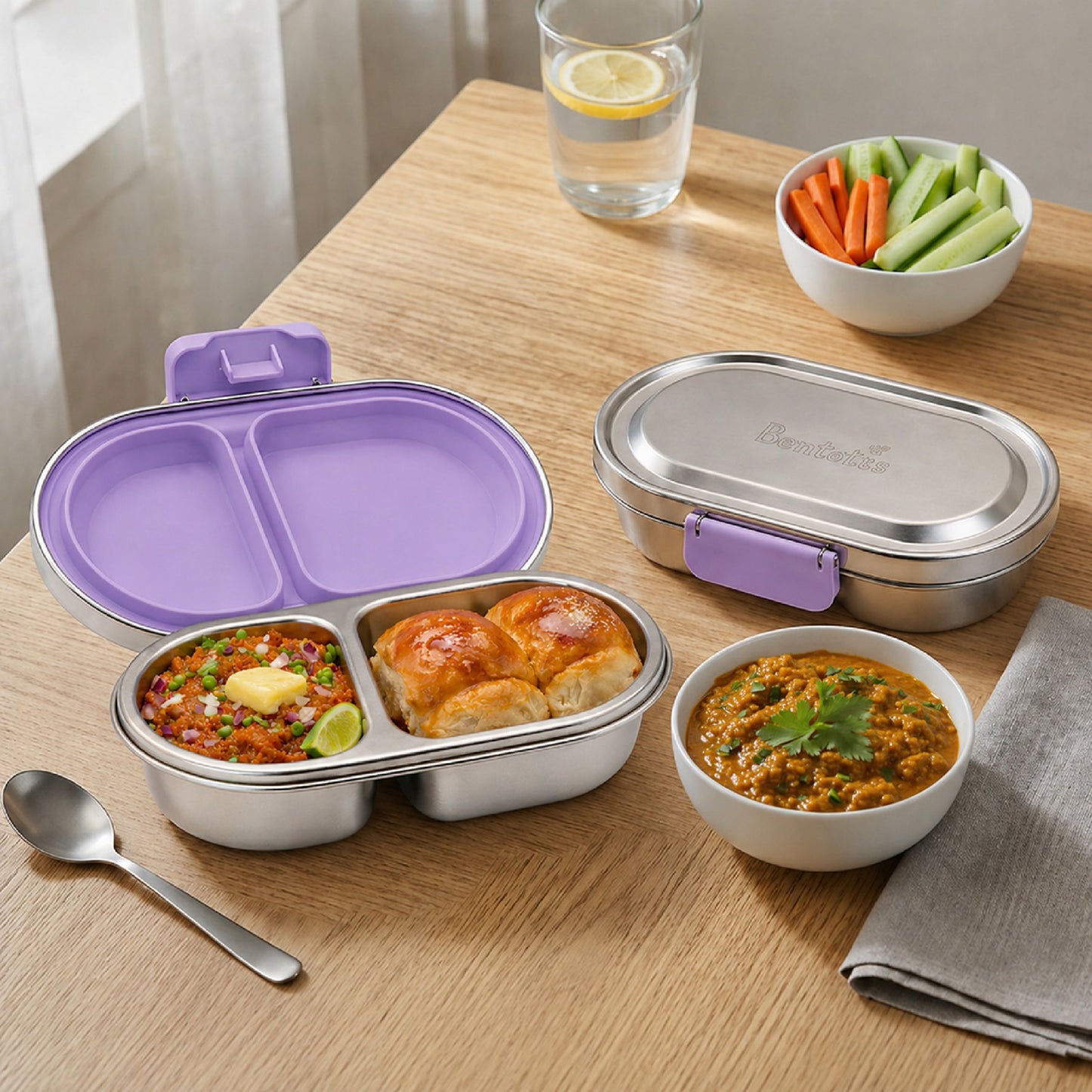304 Stainless Steel Leakproof Soft Purple Bento Lunch Box with 2 Compartments