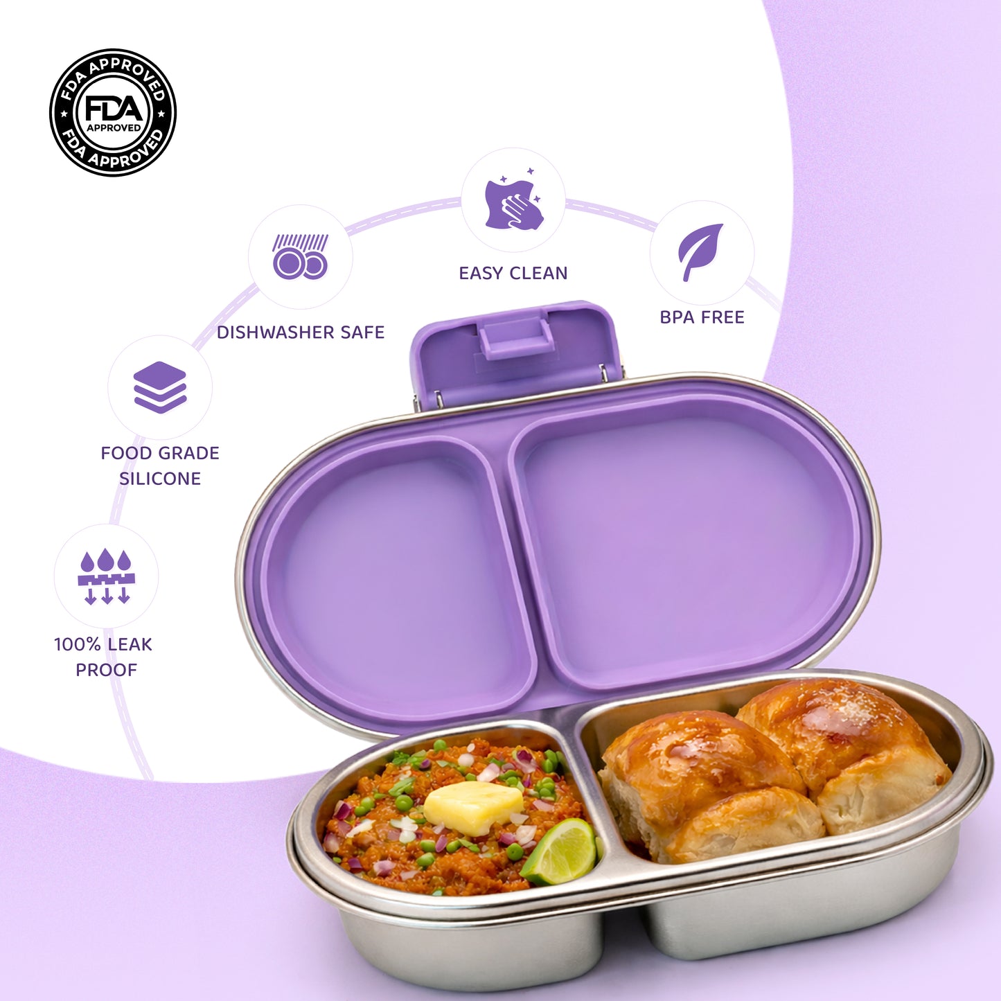 304 Stainless Steel Leakproof Soft Purple Bento Lunch Box with 2 Compartments