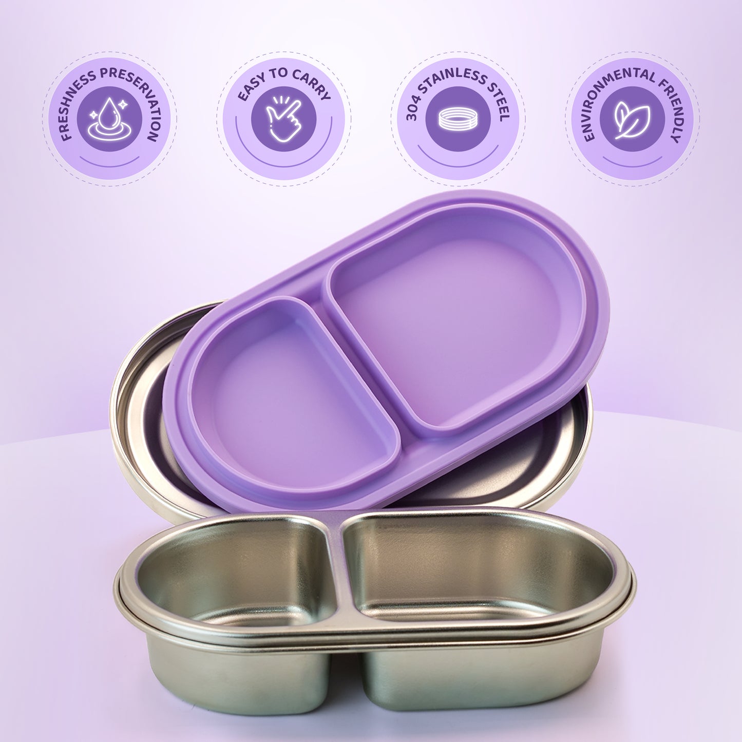 304 Stainless Steel Leakproof Soft Purple Bento Lunch Box with 2 Compartments