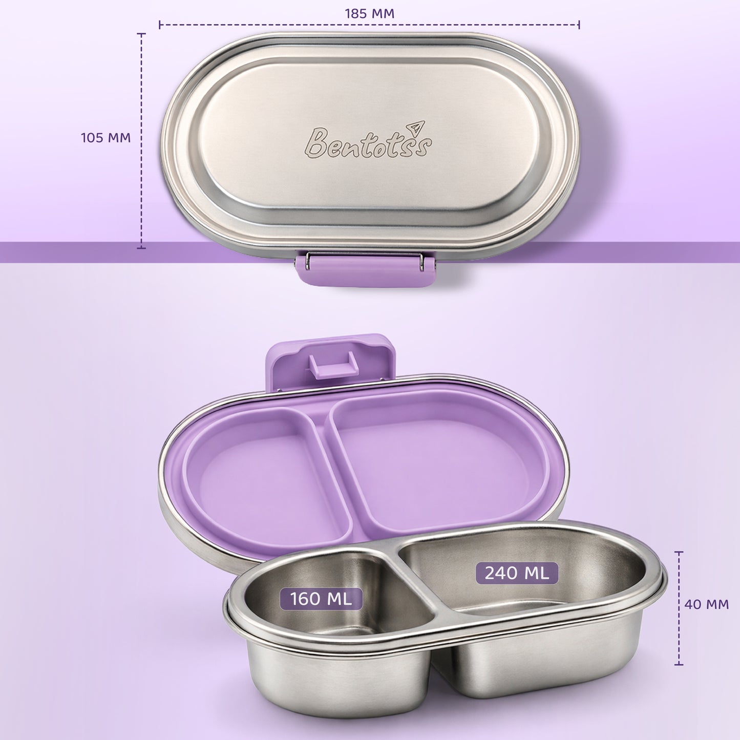 304 Stainless Steel Leakproof Soft Purple Bento Lunch Box with 2 Compartments