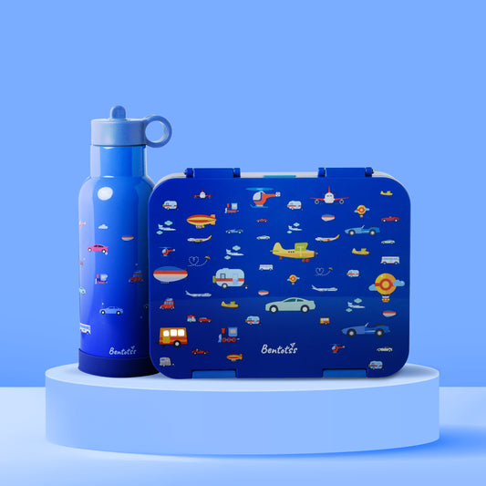 Cosmic Carry lunch box and sipper combo blue space theme design with rockets, planets, and stars for kids