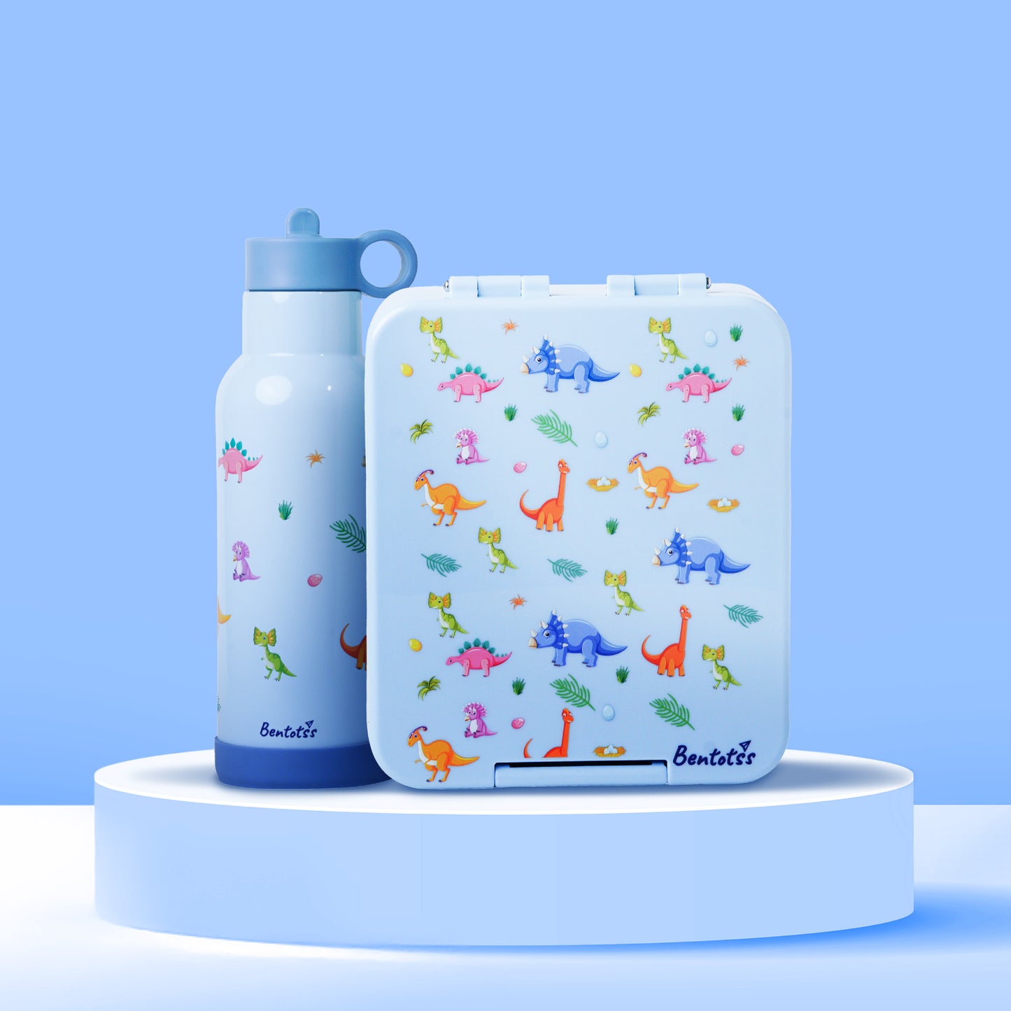 Jurassic Joy lunch box and sipper combo dinosaur print design with blue base, perfect for kids meals and drinks