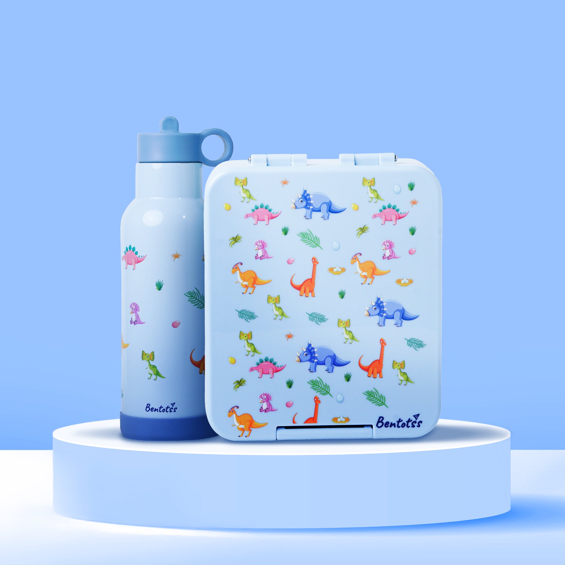 Jurassic Joy lunch box and sipper combo dinosaur print design with blue base, perfect for kids meals and drinks