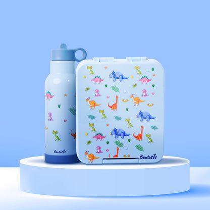 Jurassic Joy lunch box and sipper combo dinosaur print design with blue base, perfect for kids meals and drinks