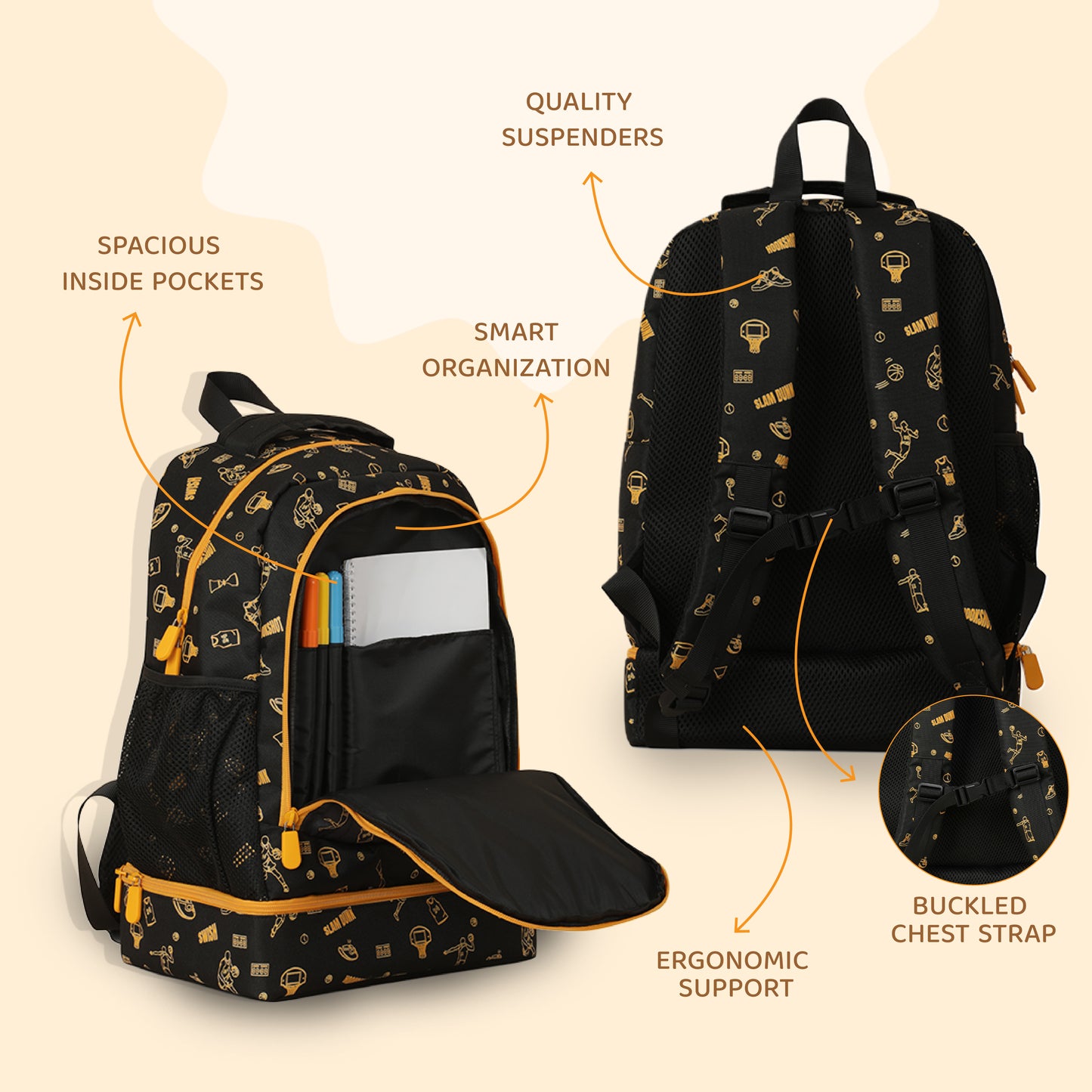 Double-Decker Backpack for Kids - Black and Orange Hue