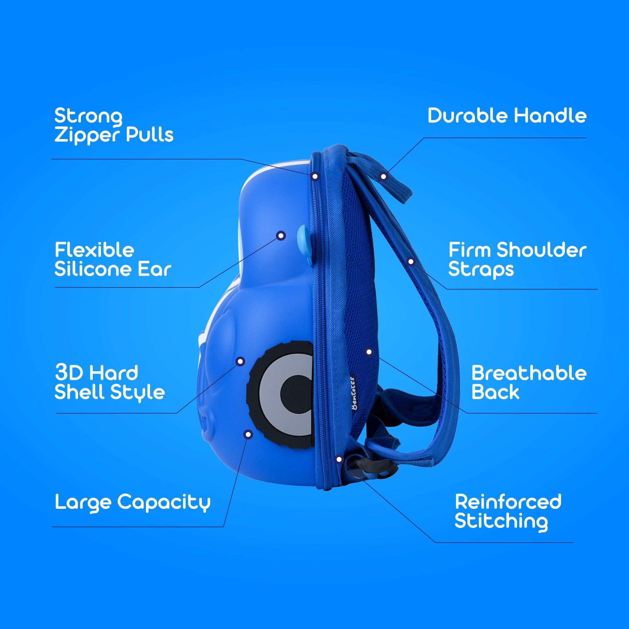 Race Ready Blue silicone bento bag showing durable handle, smooth zipper pulls, and waterproof EVA plus PU material