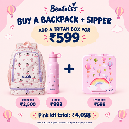 Bentotss backpack and sipper offer with a Tritan lunch box for ₹599