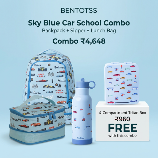 Sky Blue Car school combo with backpack, lunch bag, sipper and free Tritan box