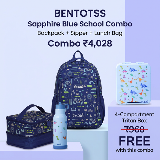 Sapphire Blue gaming-print school bags with Jurassic Joy sipper and free Tritan box.