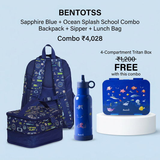 Sapphire Blue backpack and lunch bag with dark blue Ocean Splash sipper and free Tritan box