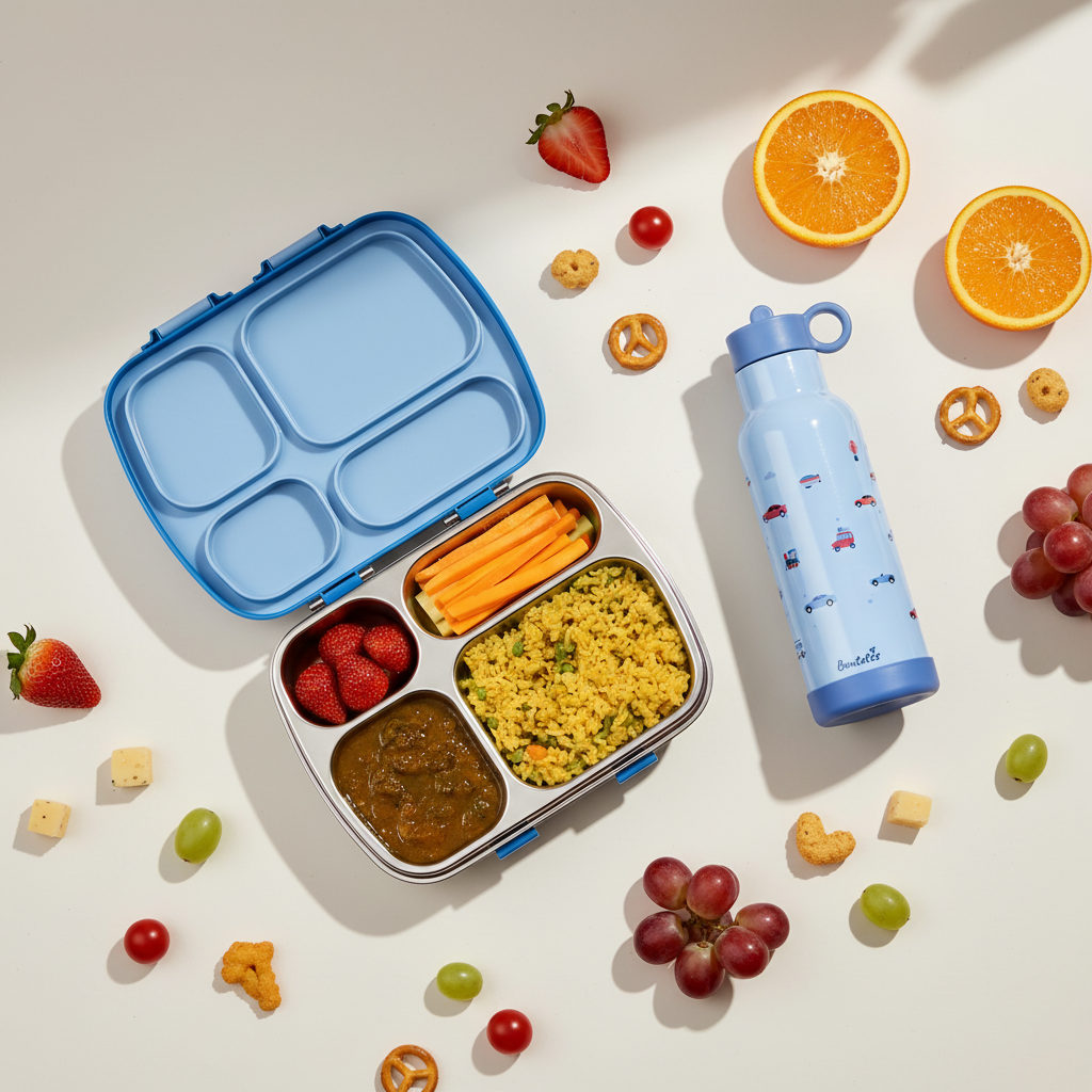 Dodger Blue Bento Box and Light Blue Sipper Combo with fresh food items