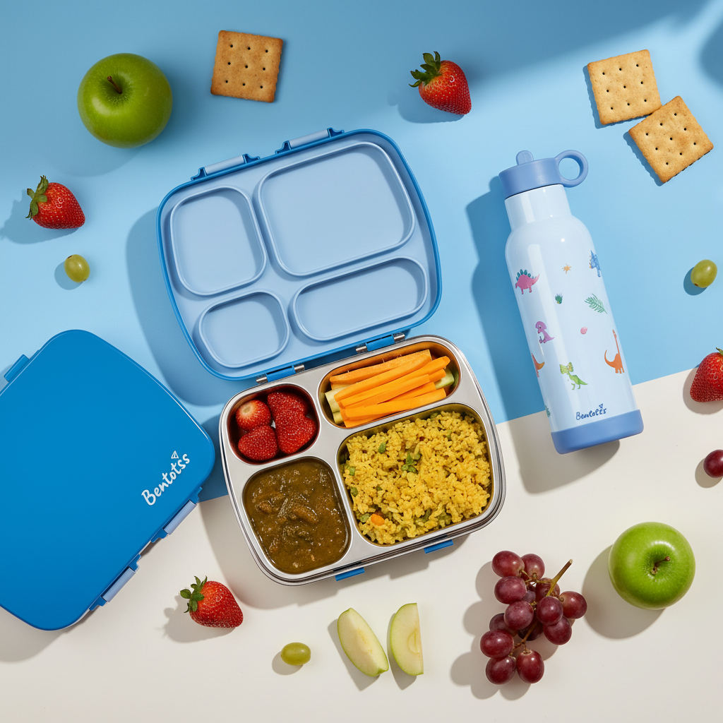 Dodger Blue Bento Box and Jurassic Joy Dinosaur Sipper Combo with fresh food items