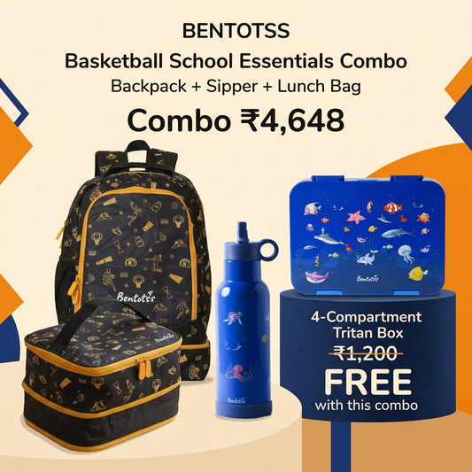 Black and Orange Basketball combo with dark blue Ocean Splash sipper and free Tritan box, ₹1,200 crossed out beside FREE.