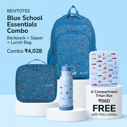 Blue school essentials combo with a free four-compartment Tritan box.