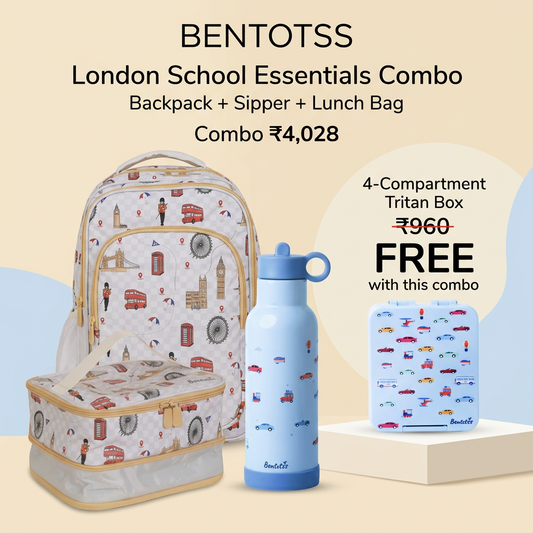 Warm Grey London school combo with Travel Trot sipper and free four-compartment Tritan box.