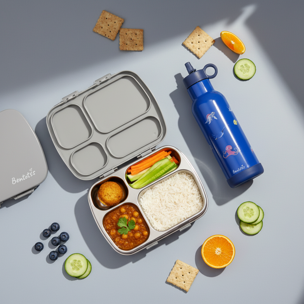 Platinum Grey Bento Box and Ocean Splash Blue Sipper Combo with fresh food items