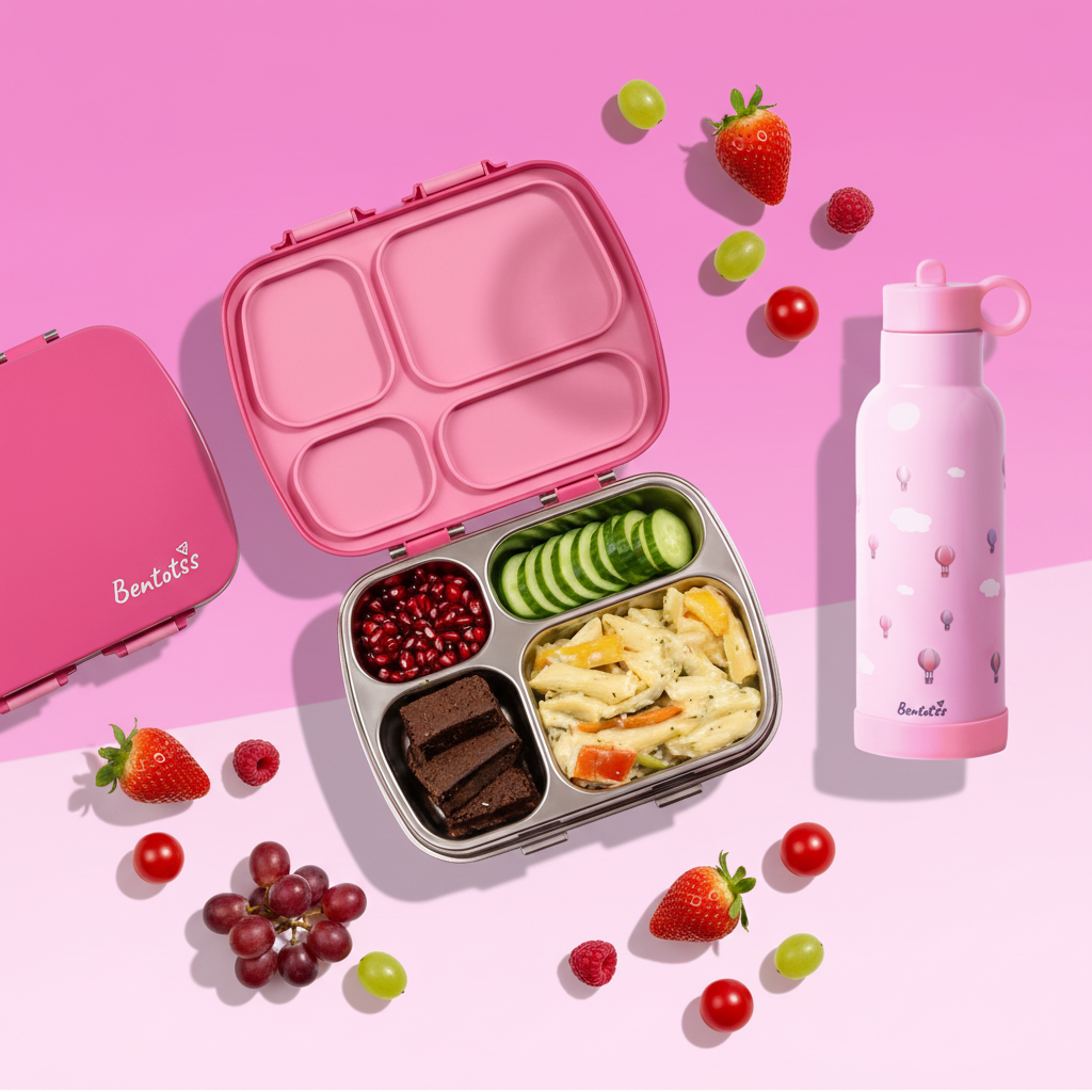 Hot Pink Bento Box and Cloud Journey Pink Sipper Combo with fresh food items