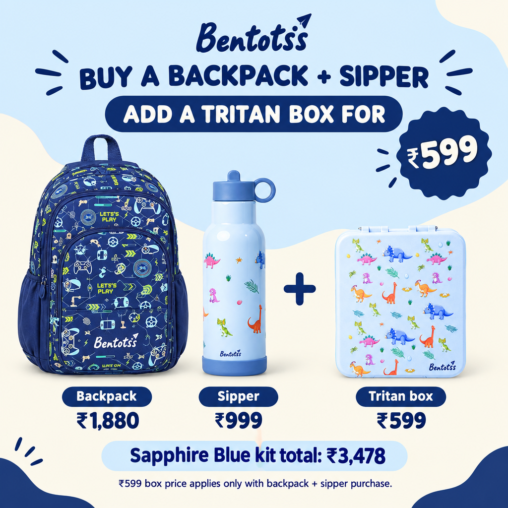 Sapphire Blue backpack and Jurassic Joy matching sipper and Tritan box offer